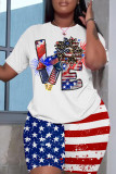Multicolor Casual Flag Stars Street Print Short Sleeve Shorts and T Shirt Set