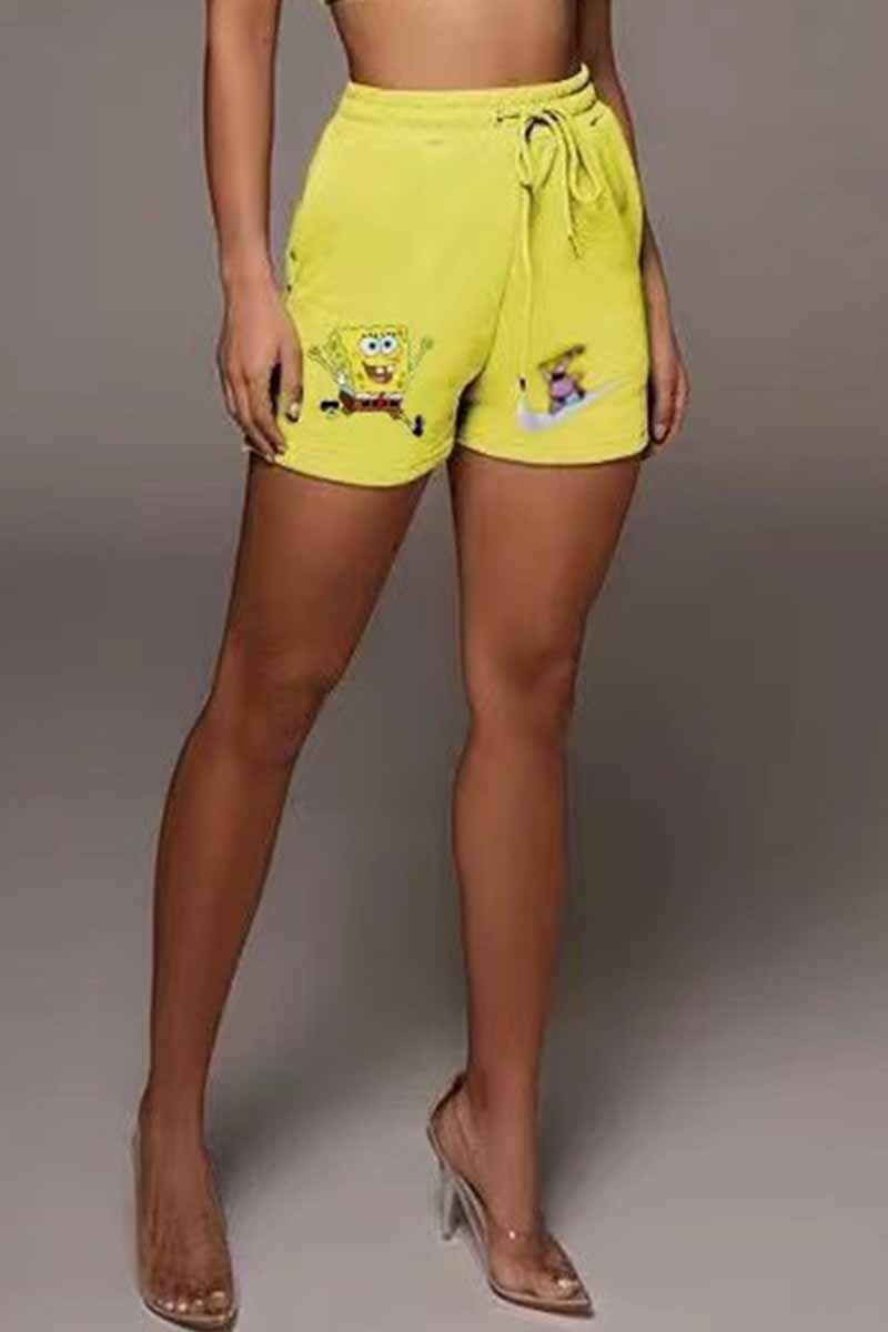

Yellow Casual Character Print Patchwork Mid Waist Straight Bottoms