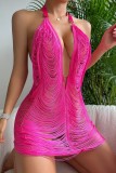 Розово-красное сексуальное сплошное лоскутное прозрачное платье без рукавов с открытой спиной и лямкой на шее