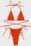 Rose Red Sexy Solid Bandage Hollowed Out Backless Swimwears (Without Paddings)