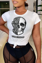 White Casual Street Print Skull Patchwork O Neck T-Shirts