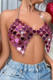 Rose Red Sexy Patchwork Patchwork Chains Backless Tops
