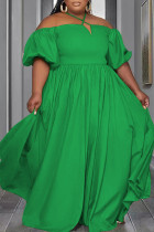 Verde Casual Trabajo Elegante Sólido Bolsillo Pliegue Halter Una línea Vestidos de talla grande