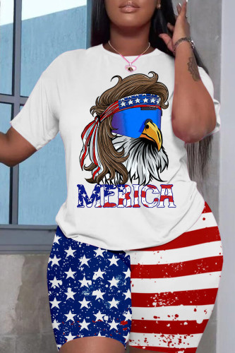 Brown Casual Flag Stars Street Print Short Sleeve Shorts and T Shirt Set