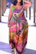 Purple Sexy Casual Rainbow Print Backless Spaghetti Strap Long Cami Loose Maxi Dress