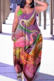 Robe longue multicolore à bretelles spaghetti imprimées décontractées et sexy multicolores