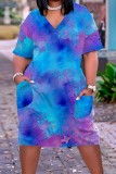 Pink Purple Casual Print Tie Dye Patchwork V Neck Short Sleeve Dress Plus Size Dresses