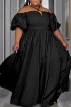 Vestidos pretos casuais, elegantes, sólidos, dobrados, frente única, vestidos tamanho grande