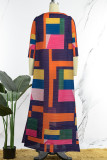 Lila Straße Geometrischer Druck Patchwork O-Ausschnitt Langes Kleid Kleider (Das Vorderteil ist kürzer)