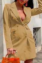 Khaki Sexy Casual Work Solid Pocket Buckle Turn-back Collar Suit Dress Dresses