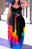 Black White Sexy Casual Rainbow Print Backless Spaghetti Strap Long Cami Loose Maxi Dress