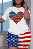 White Red Casual Flag Stars Street Graphic Print Short Sleeve Shorts and T Shirt Set