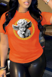 Camisetas con cuello en O de patchwork con estampado vintage casual naranja