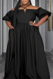Black Casual Work Elegant Solid Pocket Fold Halter A Line Plus Size Dresses