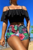 Red Sexy Print Patchwork Backless Swimwears