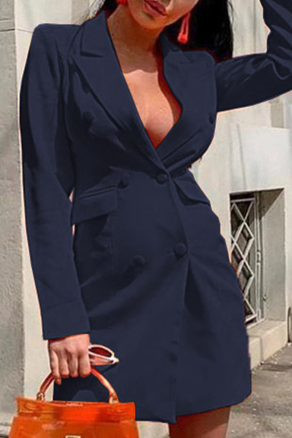 Deep Blue Sexy Casual Work Solid Pocket Buckle Turn-back Collar Suit Dress Robes