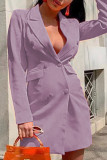 Tangerine Red Sexy Casual Work Solid Pocket Buckle Turn-back Collar Suit Dress Robes