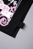 Schwarze, lässige Patchwork-T-Shirts mit asymmetrischem O-Ausschnitt und Street-Print