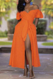 Оранжевое сексуальное повседневное сладкое однотонное платье с уздечкой и высоким вырезом с открытыми плечами Нерегулярные платья (с поясом)