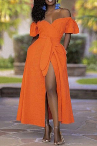 Arancione sexy casual dolce frenulo solido alta apertura al largo della spalla abiti irregolari (con cintura)