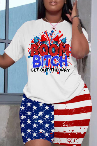 Red Casual Flag Stars Street Graphic Print Short Sleeve Shorts and T Shirt Set