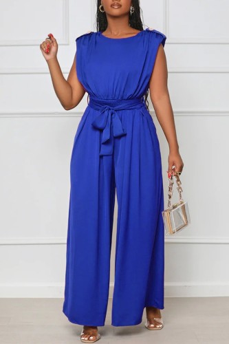 Blue Casual Solid Patchwork O Neck Regular Jumpsuits