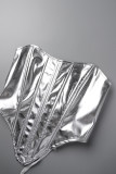 Silber Sexy Solid Bandage Patchwork Asymmetrische trägerlose Tops
