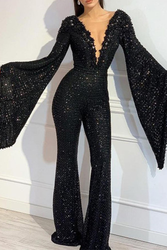 Svart sexigt arbete Eleganta solida paljetter Mesh V-hals vanliga Jumpsuits