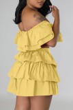 Giallo Sexy Casual Solid Patchwork Backless Off the Shoulder Manica corta Due pezzi