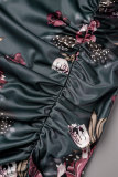 Legergroen sexy elegante print patchwork vouw V-hals onregelmatige jurk jurken