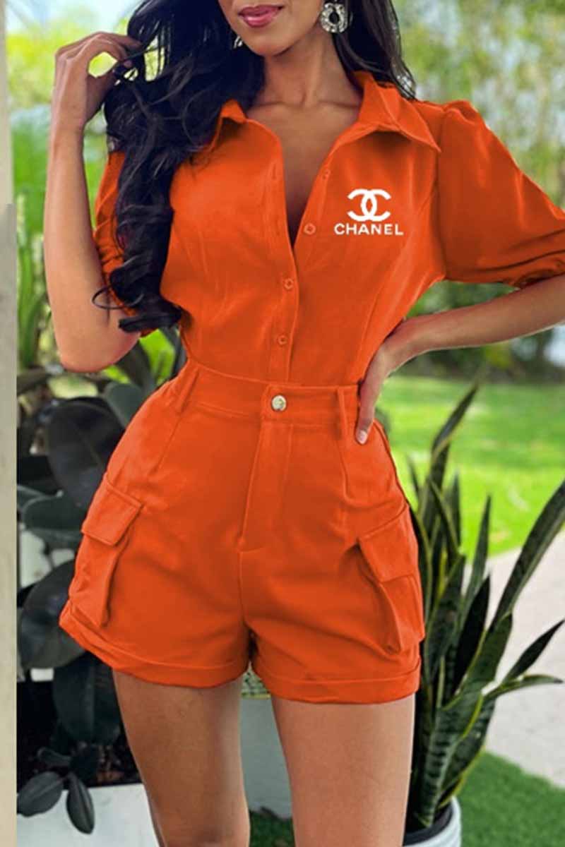 

Orange Casual Print Letter Turndown Collar Short Sleeve Two Pieces