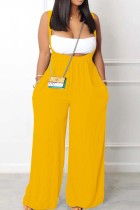Yellow Sexy Casual Solid Backless Spaghetti Strap Sleeveless Two Pieces Tube Crop Tops And Wide Leg Overall Sets