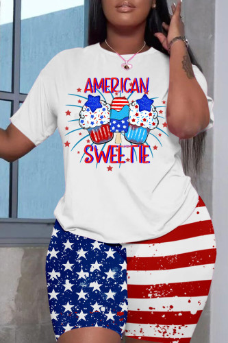 Red Blue Casual Flag Stars Street Graphic Print Short Sleeve Shorts and T Shirt Set