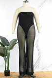 Black Sexy Simplicity Solid Patchwork See-through Mesh Strapless Plus Size Jumpsuits