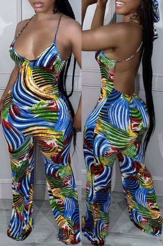 Blue Sexy Casual Print Backless Spaghetti Strap Skinny Jumpsuits