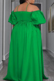 Verde Casual Trabajo Elegante Sólido Bolsillo Pliegue Halter Una línea Vestidos de talla grande