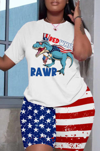 Blue Casual Flag Stars Street Print Short Sleeve Shorts and T Shirt Set