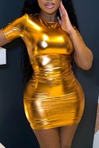 Золотое сексуальное однотонное базовое платье с круглым вырезом и коротким рукавом