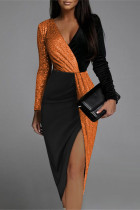 オレンジ セクシー カジュアル エレガント カラー ブロック スパンコール スリット V ネック イレギュラー ドレス ドレス