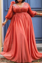 Röd Sexig Casual Elegant Formella Solid Slit Vik Princess Plus Size Klänningar
