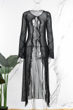 ブラック セクシー ソリッド パッチワーク 小帯 ストリング セルビッジ ロング ドレス ドレス