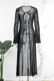 Черное сексуальное однотонное длинное платье в стиле пэчворк с уздечками и уздечками