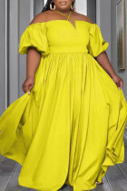Amarillo trabajo casual elegante sólido bolsillo pliegue halter una línea vestidos de talla grande