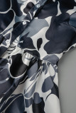 Blauwe zoete print patchwork gesp met riem kraag A-lijn jurken