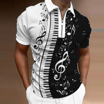 White Black Men's Fashion Graphic Notes Turndown 3D Print Short Sleeve Zipper Shirt