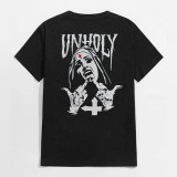 Black UNHOLY Nun with Crucifix on Forehead Graphic Casual Black Print T-shirt