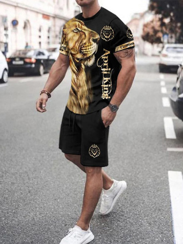 Black Gold Men's Fashion Lion Print Short Sleeve Two-Piece Set