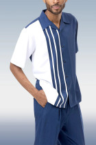 Blau-weiß-marineblau gestreifter Farbblock-Walking-Anzug, 2-teiliges Kurzarm-Set