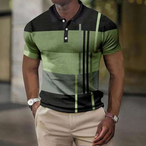 Camisa masculina preta verde manga curta listrada estampada em 3D com botões
