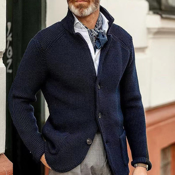Veste de costume en tricot épais à col montant pour homme bleu royal